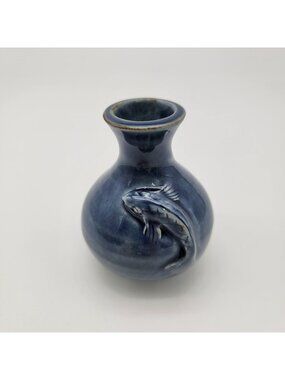 Vintage Blue Pottery Vase With Relief Fish Motif